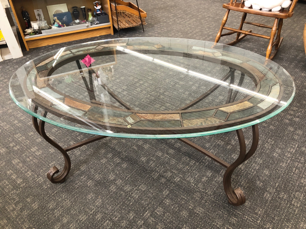 METAL GLASS COFFEE TABLE W/NATURAL SLATE DESIGN.