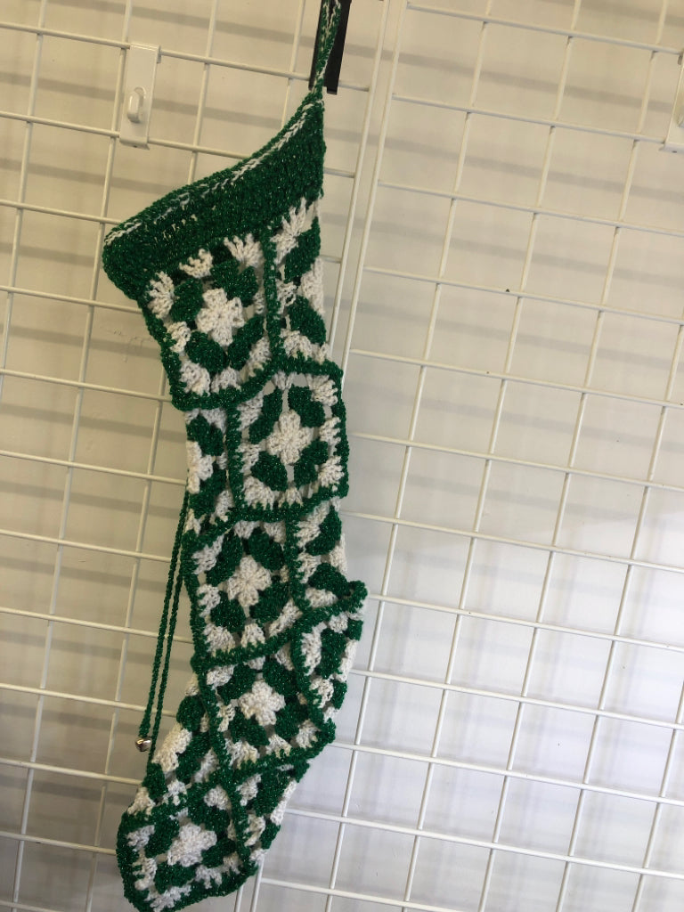 GREEN/WHITE CROCHET STOCKING.