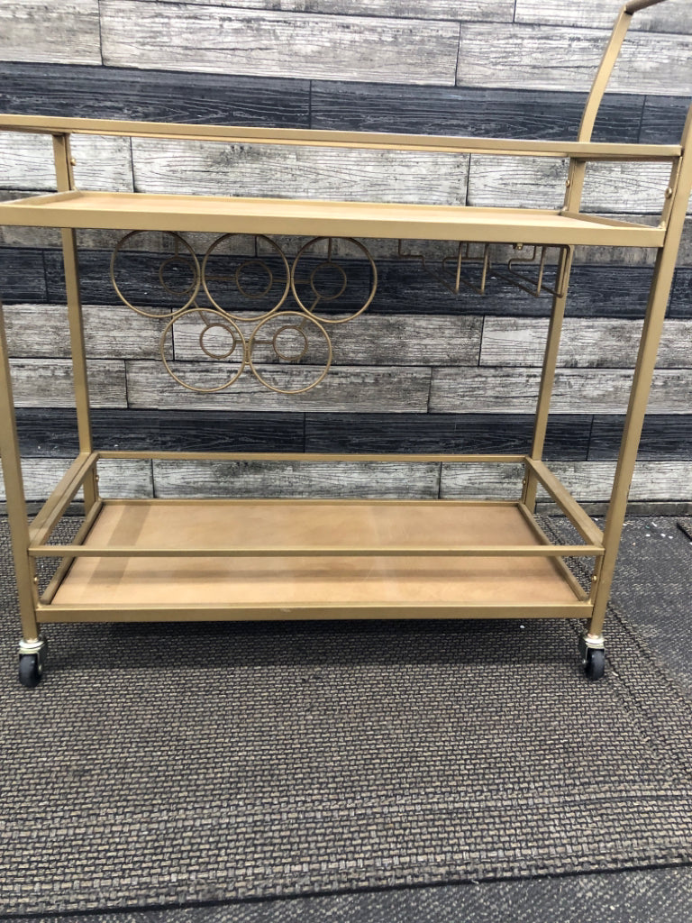 WOOD 2 TIER ROLLING BEVERAGE CART W/GOLD METAL FRAME, WINE RACK.
