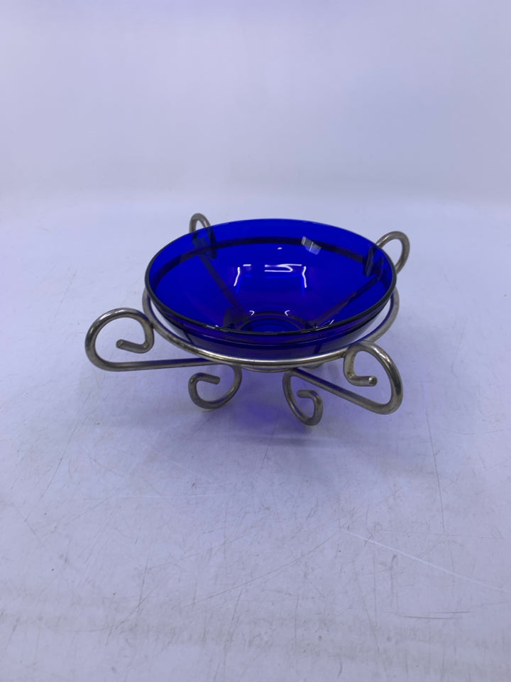 SILVER METAL FOOTED BASE W/ COBALT BLUE GLASS INSERT.