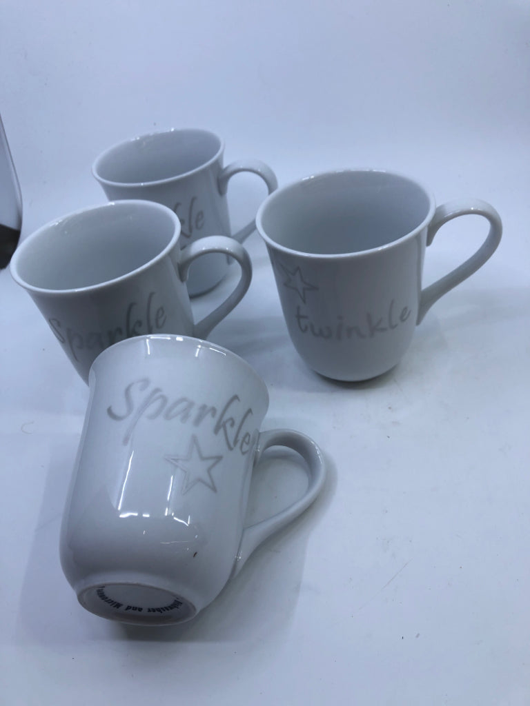4 WHITE TWINKLE/SPARKLE MUGS.