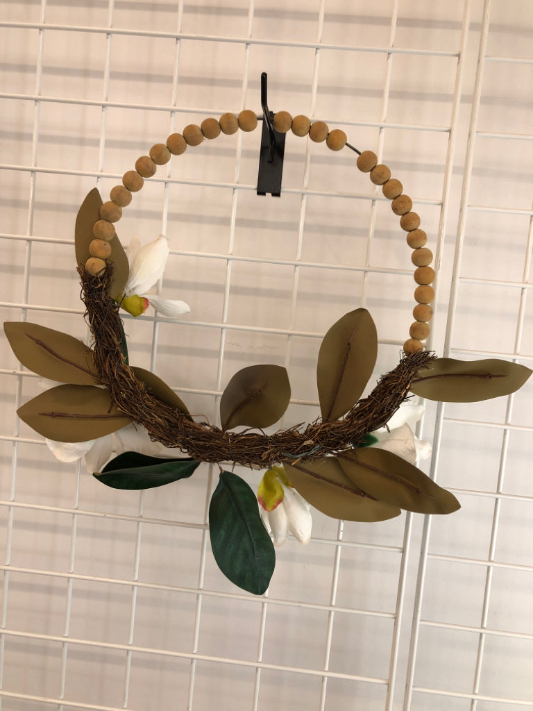 FAUX WHITE FLOWER BEADED WREATH.