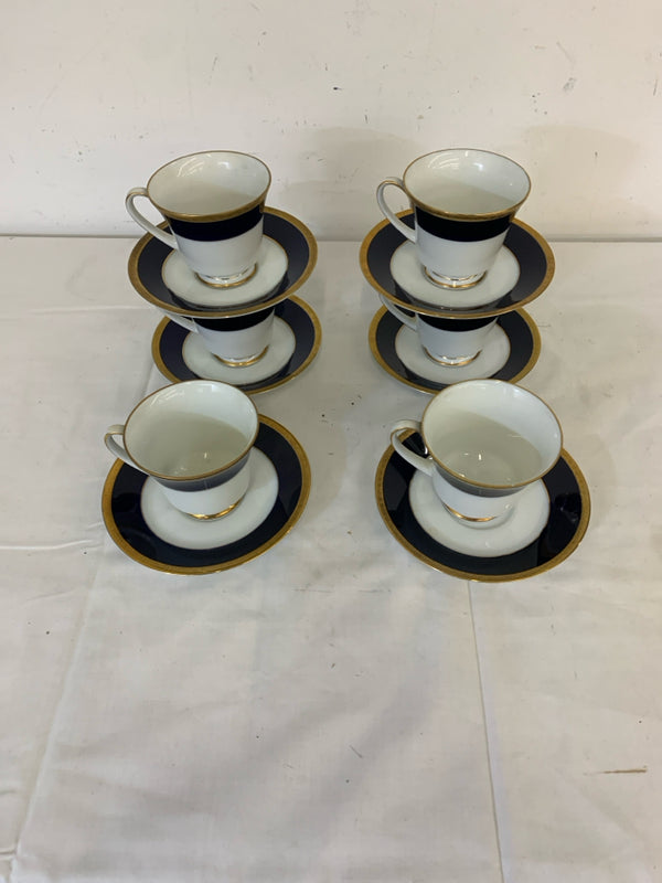 12 PC LEGACY VALHALLA NAVY AND GOLD TEACUPS AND SAUCER.