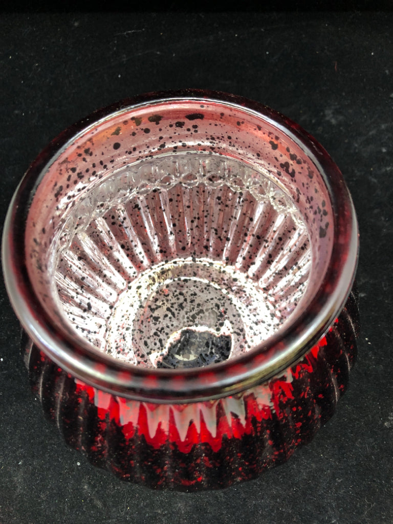 RED MERCURY GLASS CANDLE HOLDER.
