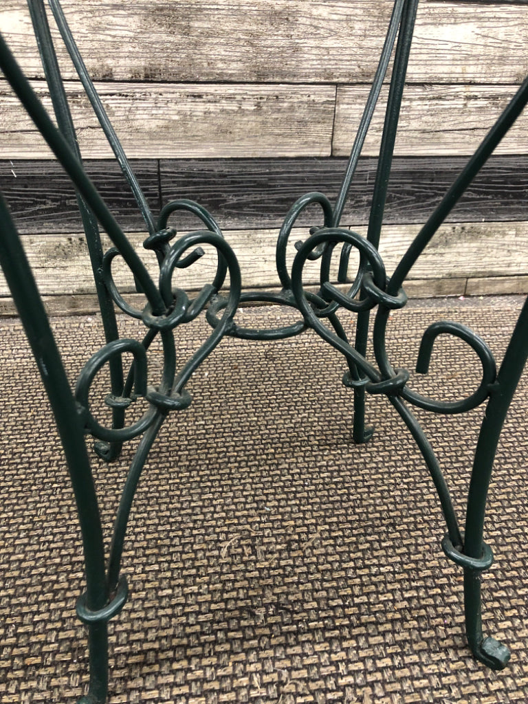 GREEN METAL WICKER PLANT STAND.