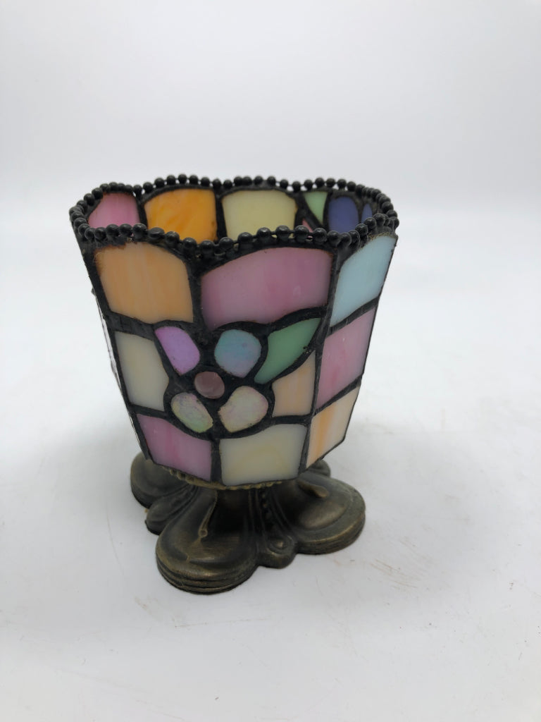 FOOTED STAINED GLASS TEA-LIGHT HOLDER.