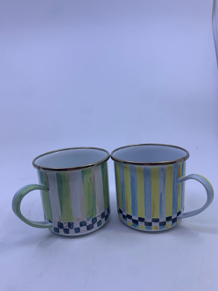 2 ENAMEL STRIPED/CHECKERED MACKENZIE-CHILDS MUGS.