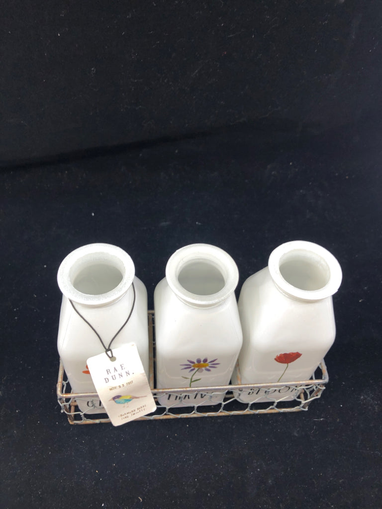 RAE DUNN 3 MILK BOTTLE GLASS VASES IN CRATE "GROW,THRIVE,BLOOM.