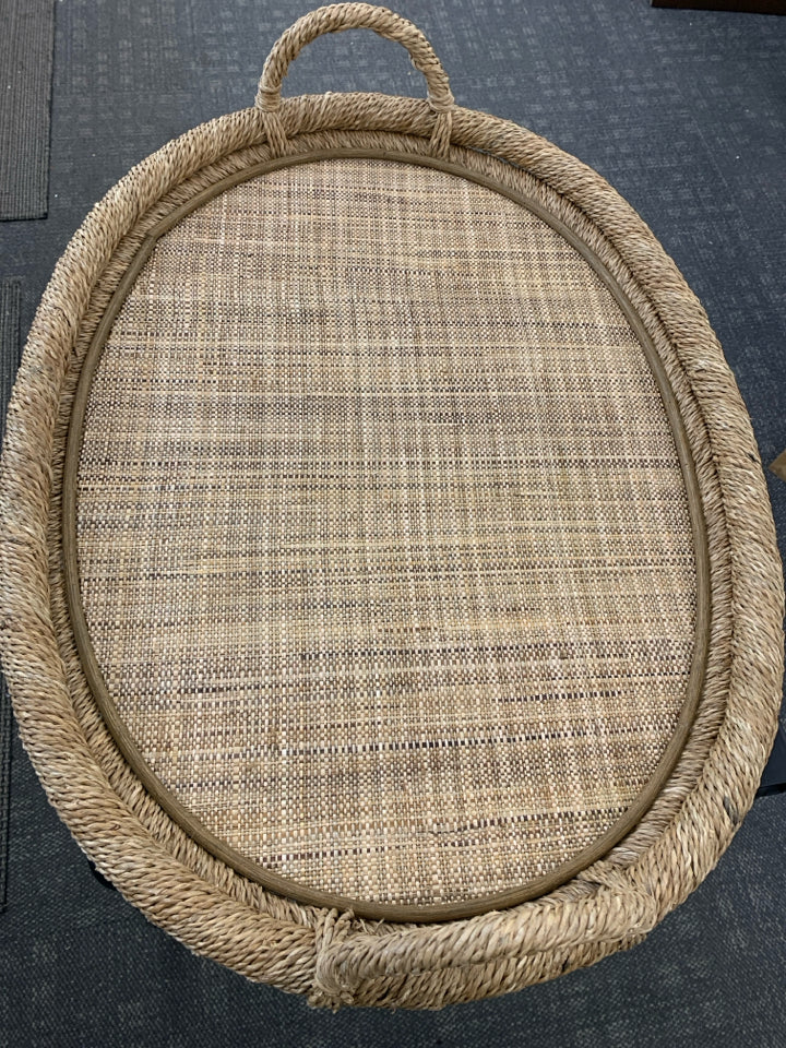 LG OVAL WOVEN WICKER TRAY W/HANDLES.