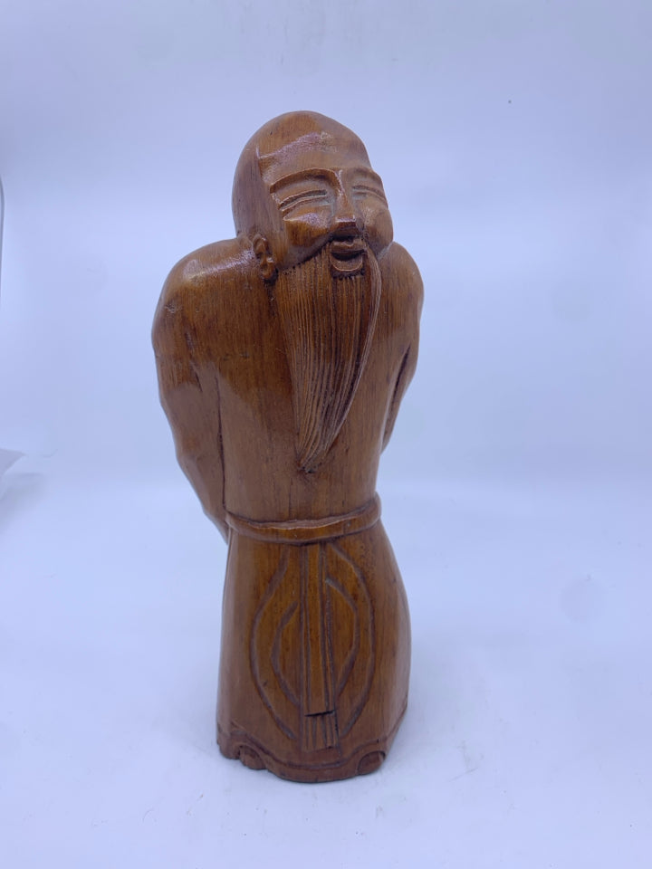 WOOD CARVED MAN W/ HANDS BEHIND BACK LONG BEARD.