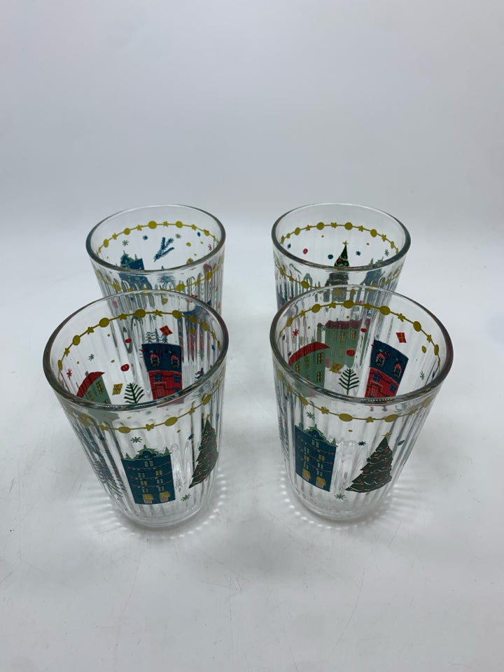 4 CHRISTMAS/WINTER THEMED RIBBED GLASSES.