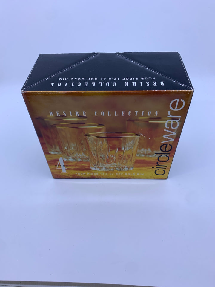 NIB 4 GOLD RIM SHORT WATER GLASSES.