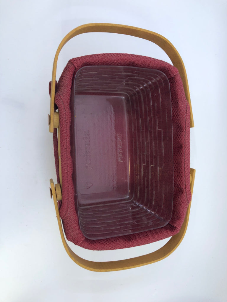 SMALL RECTANGLE BASKET W RED AND PLASTIC LINER AND 2 HANDLES.