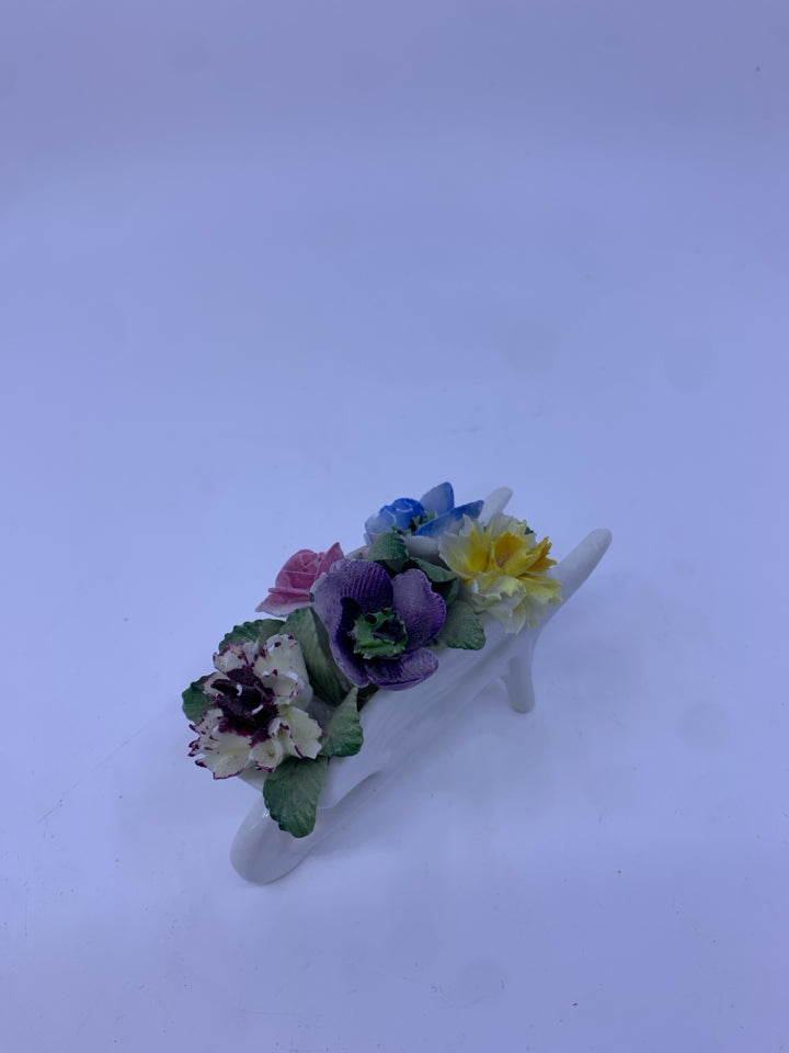 BONE CHINA MINI FLOWER BOUQUET IN WHITE WHEEL BARROW HEALACRAFT.
