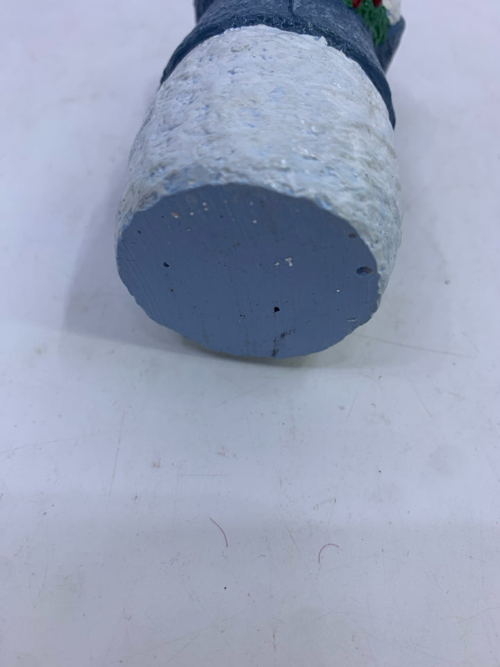 SNOWMAN BLUE COAT HOLDING WREATH.