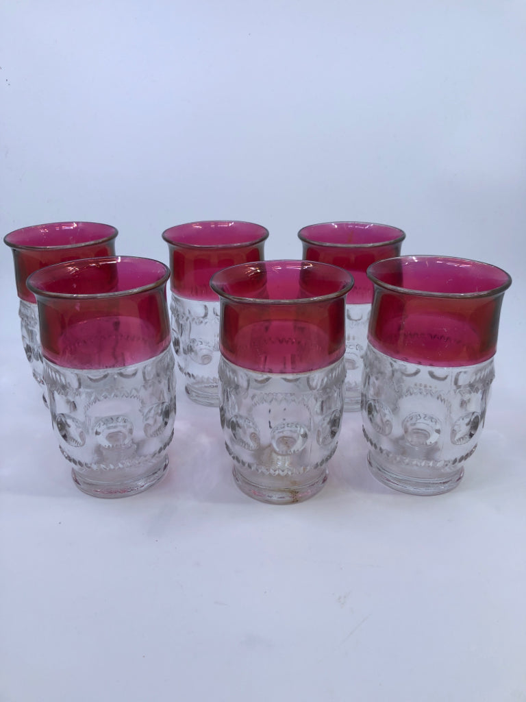 6 VTG CRANBERRY THUMBPRINT PATTERN GLASSES.