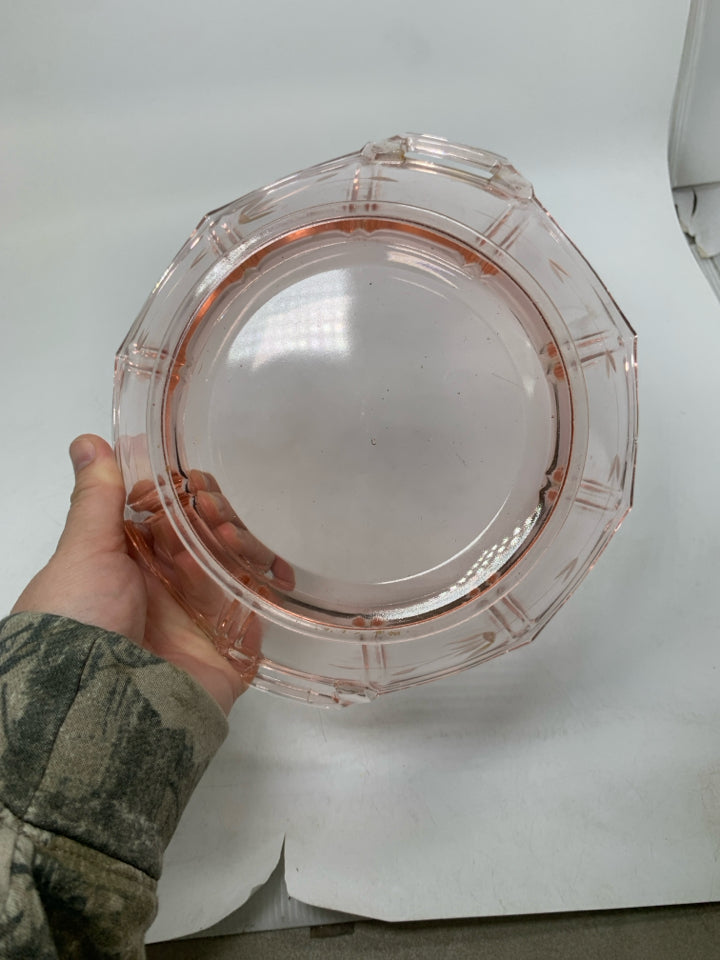 VTG MANY POINTS PINK ETCHED FLOWERS GLASS BOWL W/ HANDLES.