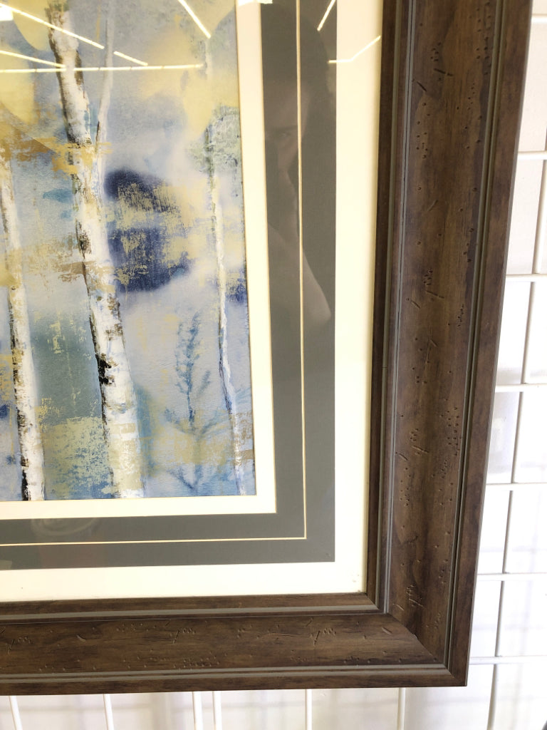 BIRCH TREE BLUE AND GOLD FRAMED PRINT.