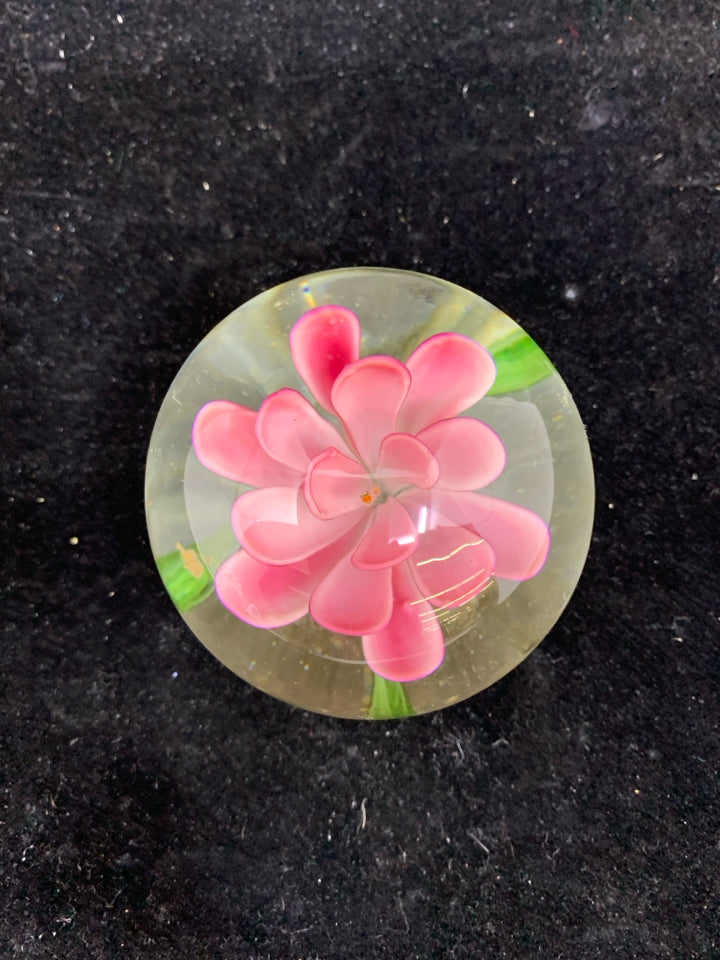 PINK FLOWER GLASS BALL PAPERWEIGHT.