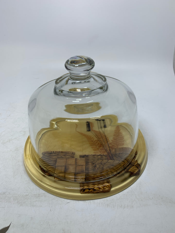 RESIN BASE W/ BASKETS & FLOWERS GLASS DOME COVER CAKE PLATE.