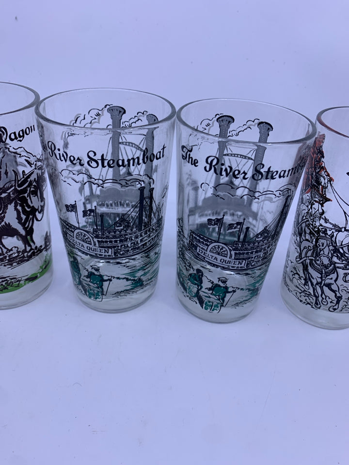 6 VTG TUMBLER GLASSES W SCENES IN GOLD METAL CARRIER.