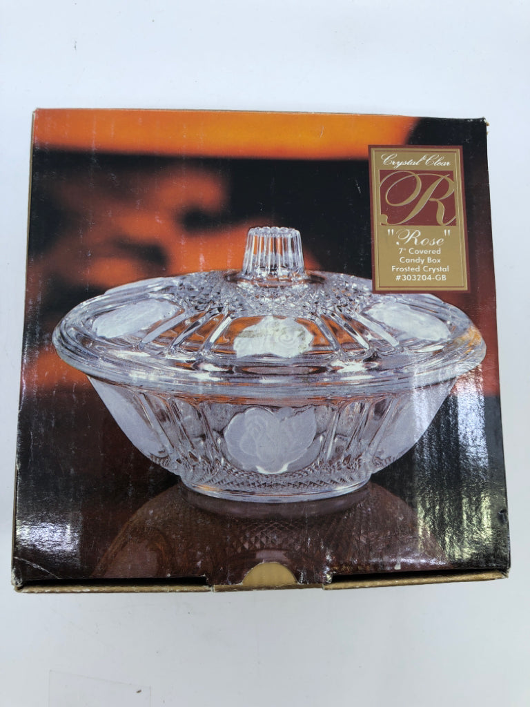 ETCHED GLASS ROSE CANDY DISH W/LID.
