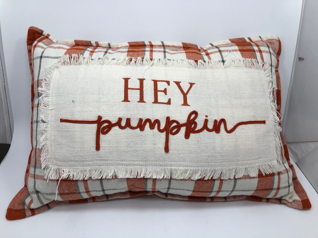 ORANGE FLANNEL "HEY PUMPKIN" ACCENT PILLOW.