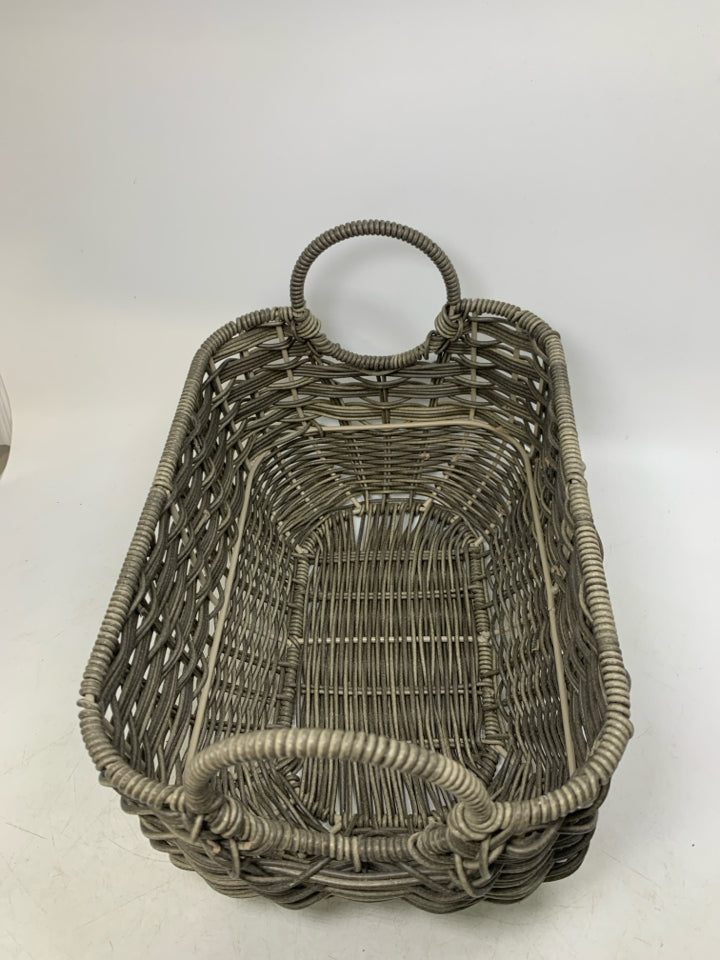 STURDY WOVEN ROUNDED BOTTOM GREY BASKET W/ CIRCLE HANDLES.