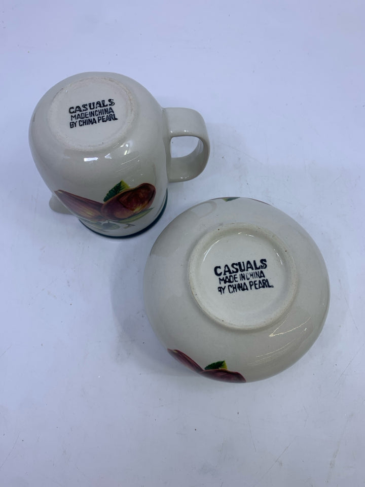2 PC SUGAR & CREAMER SET WHITE/GREEN STRIPE APPLES.