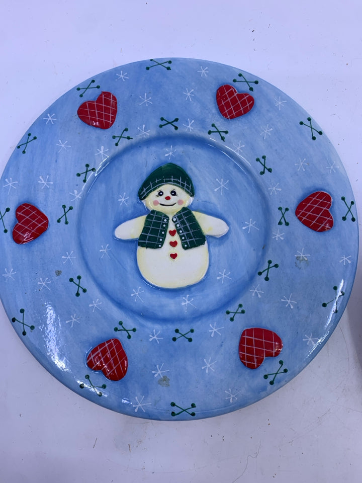 2PC BLUE SNOWMAN CANDLE PLATE AND SHADE.