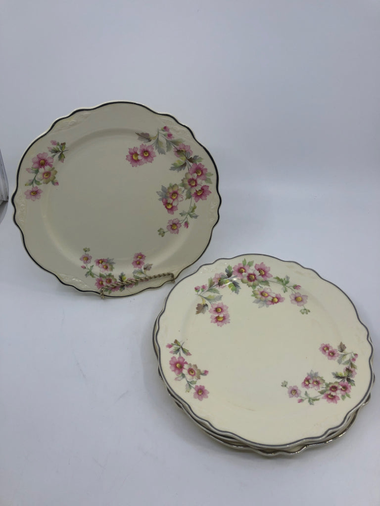 4 VTG PINK FLORAL DINNER PLATES.
