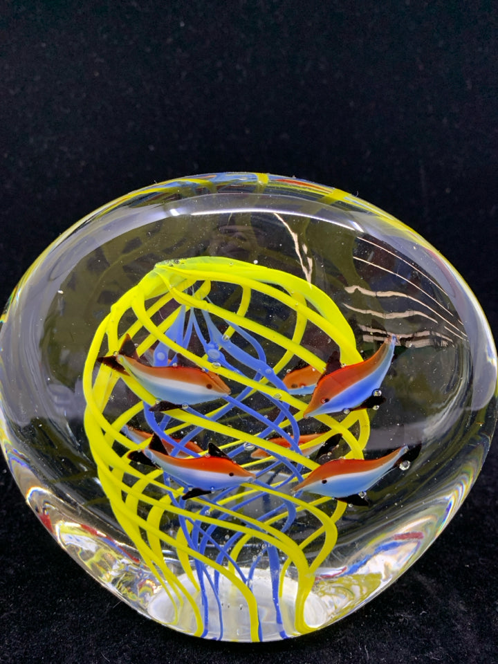DOLPHINS INSIDE HEAVY GLASS PAPERWEIGHT.