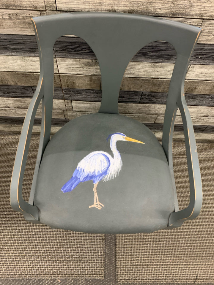 2 REFURBISHED DARK GREY ACCENT CHAIRS W/ PAINTED SEA BIRDS ON SEAT.