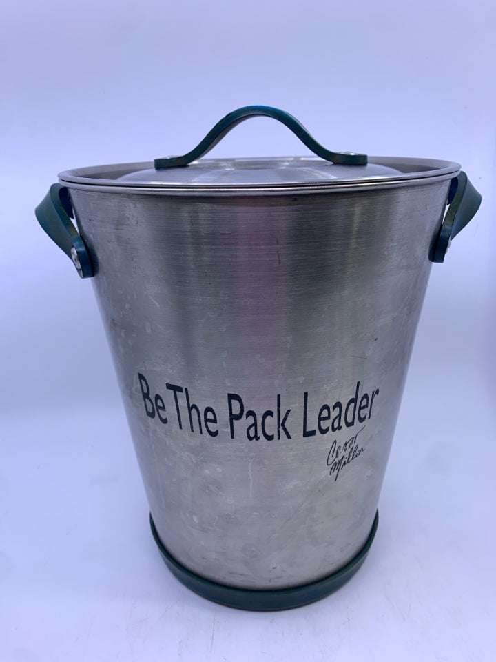 TALL SILVER ICE BUCKET WITH TEAL FAUX LEATHER STRAPS.