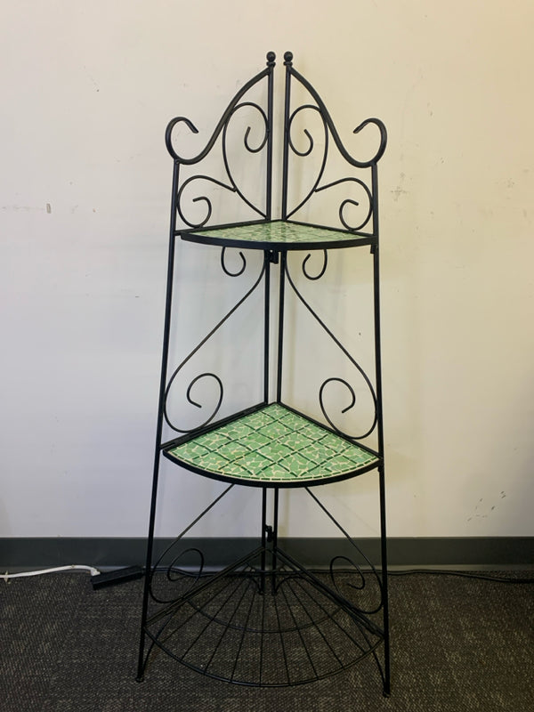 3 TIER GREEN MOSAIC TILE AND BLACK METAL PLANT STAND.