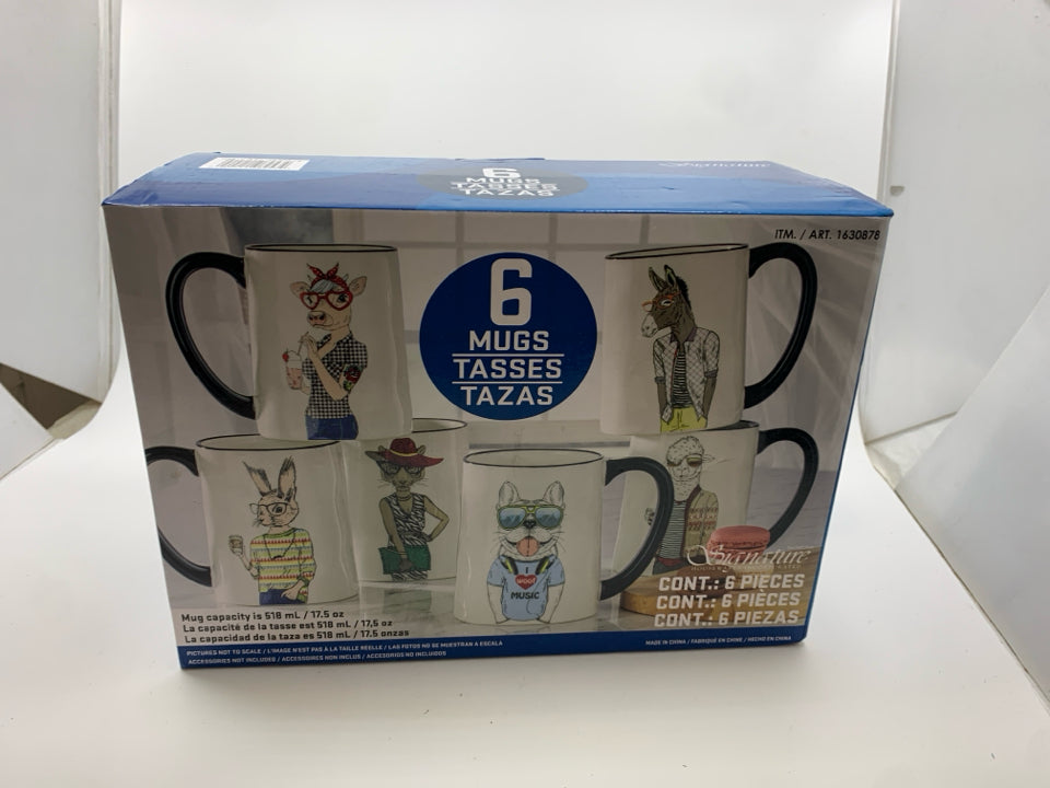 NIB 6 ANIMAL ART MUGS.