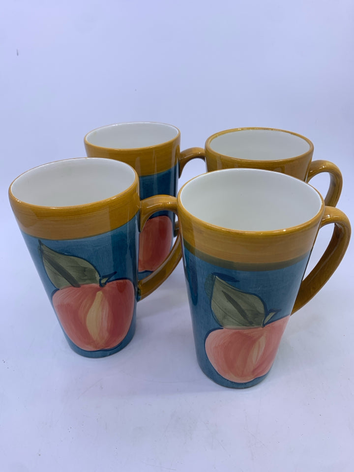 4 PEACH PAINTED TALL MUGS.