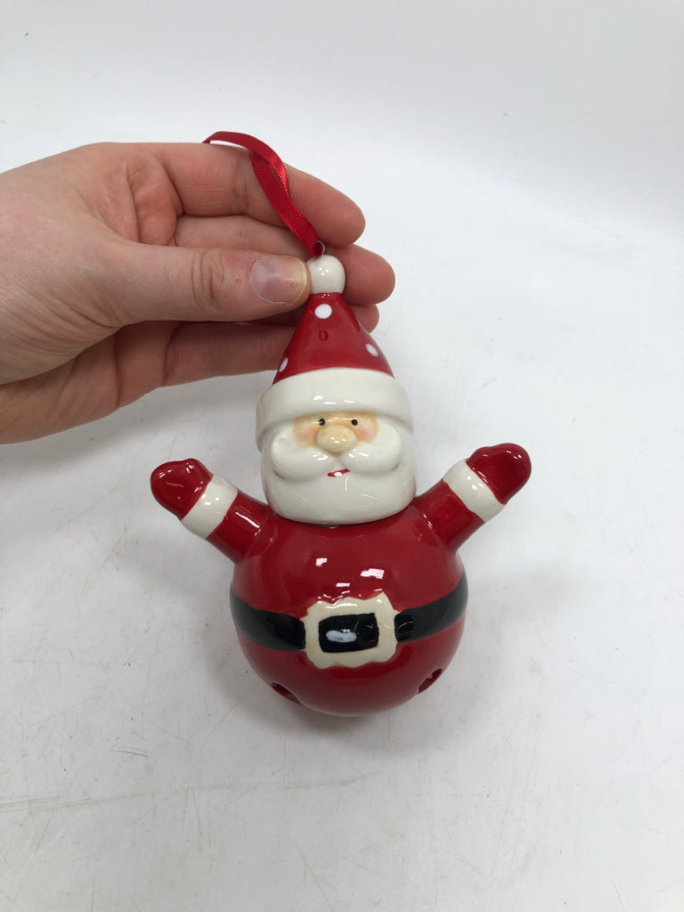 RED SANTA CERAMIC BELL ORNAMENT.