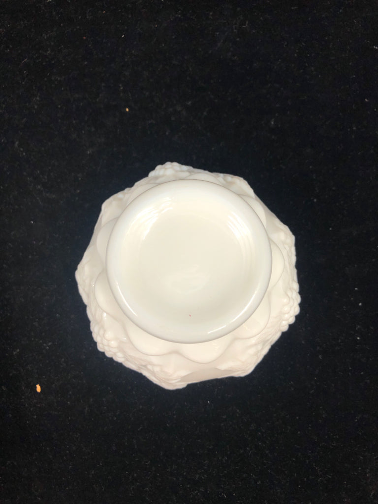 VTG MILK GLASS FOOTED SMALL BOWL W/ EMBOSSED GRAPES + VINES.