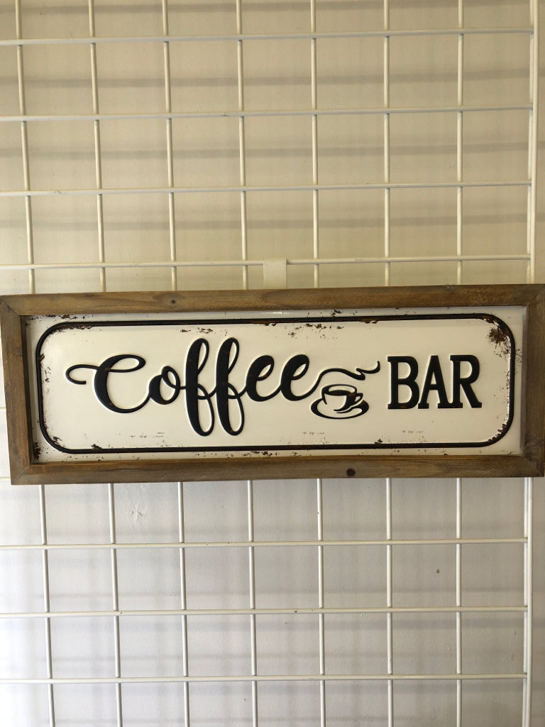 METAL COFFEE BAR SIGN IN WOOD FRAME.