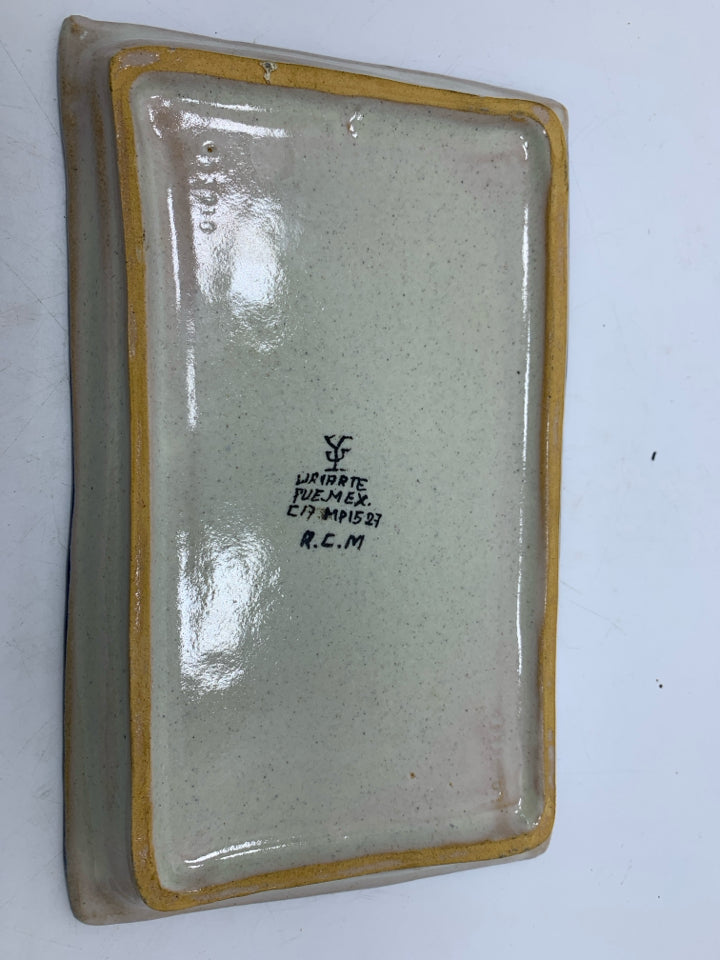 POTTERY TRAY W/ COBALT BLUE & YELLOW DETAILS.