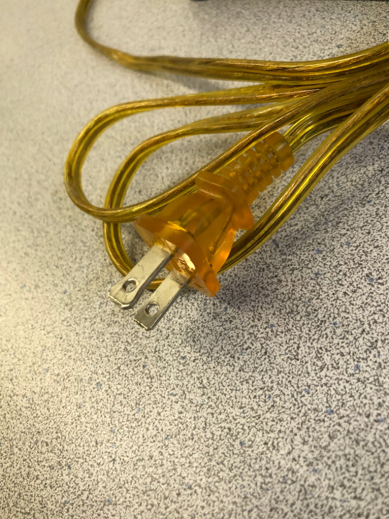 HEAVY WOOD BASE LAMP W/METAL ACCENTS & BROWN SHADE.