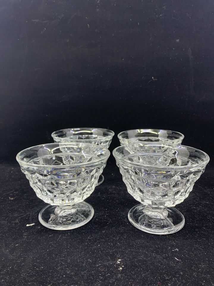 4 SHORT DIAMOND PATTERN GLASS SERVERS.