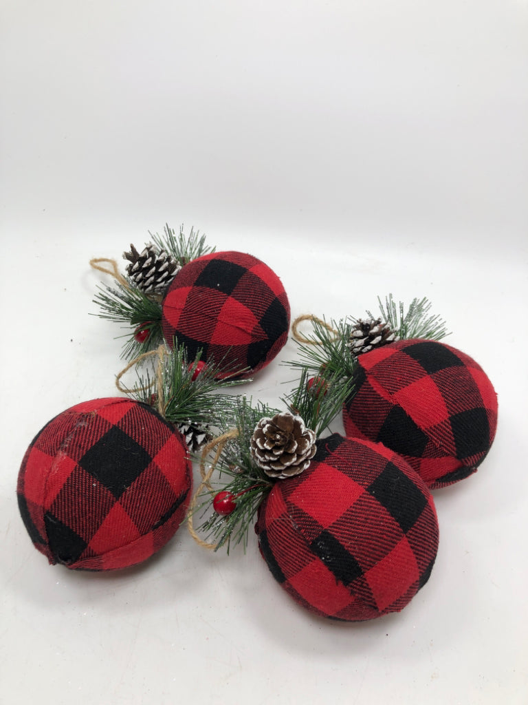 4 PLAID SPHERICAL PINECONE ORNAMENTS.