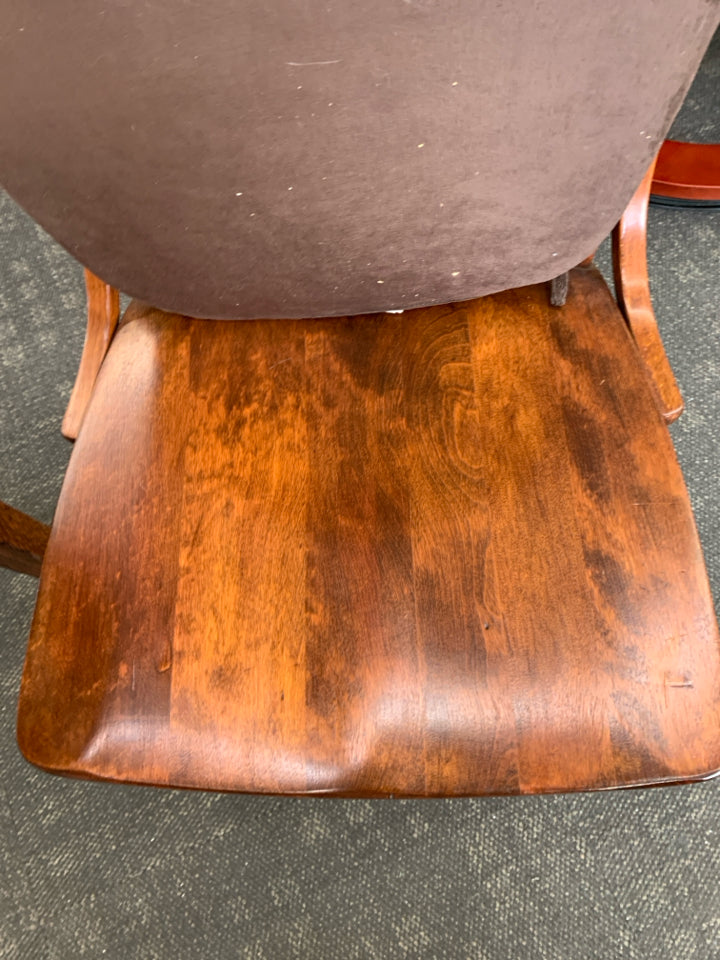 HEAVY WOOD DESK W/2 DRAWERS & CHAIR W/BROWN CUSHION.