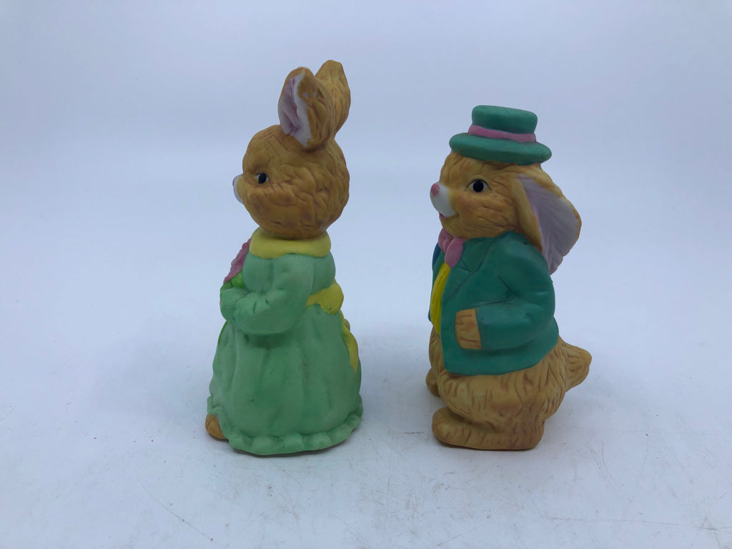 2PC BUNNY COUPLE W/GREEN DRESS AND COAT.