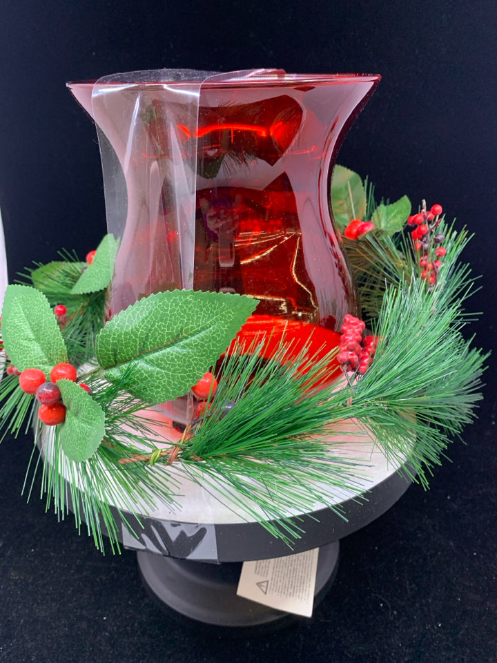 NIB RED GLASS HURRICANE CANDLE HOLDER.