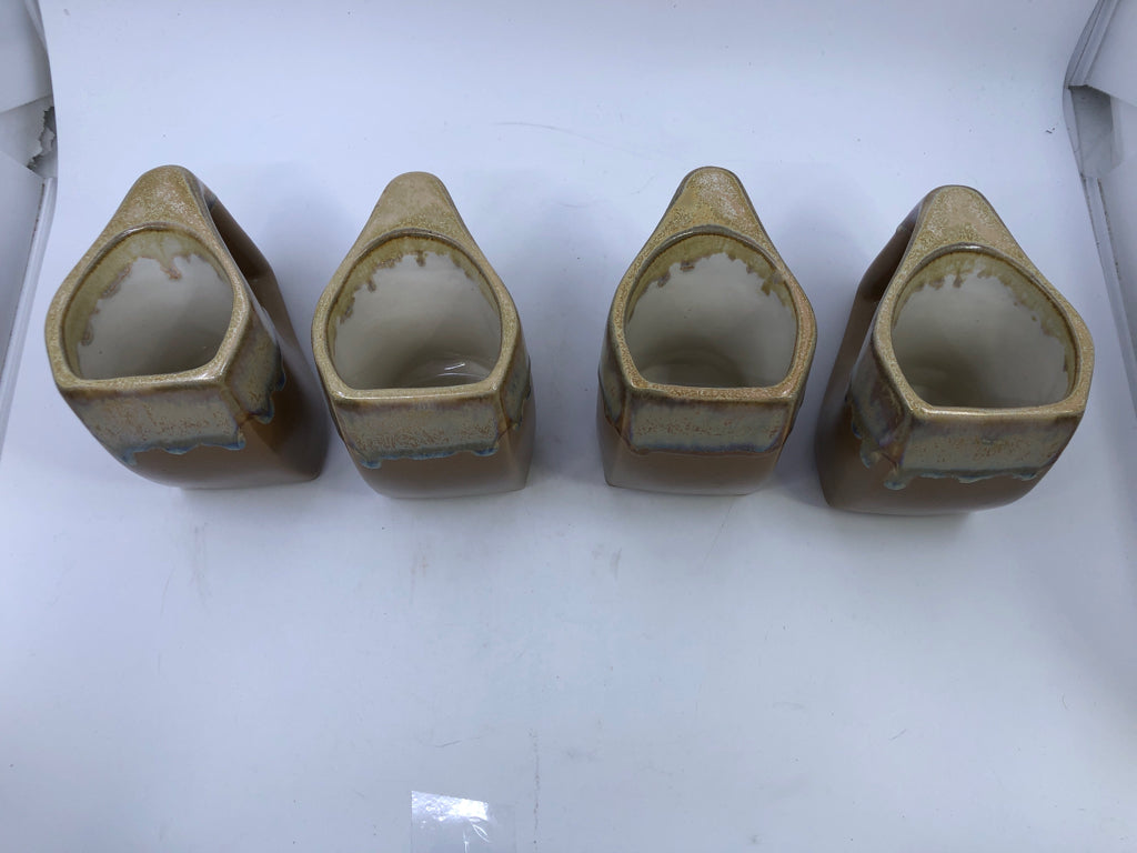 4 LARGE TAN DRIP POTTERY MUGS.