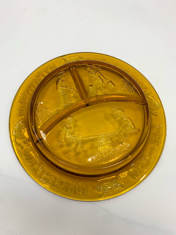 VTG AMBER GLASS DIVIDED MARGERY DAW PLATE.