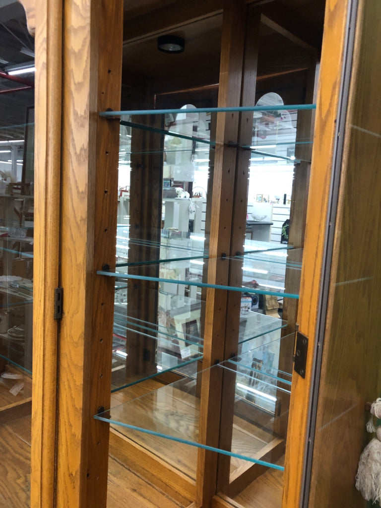 LARGE OAK WOOD HUTCH W GLASS SHELVES - 2PC.